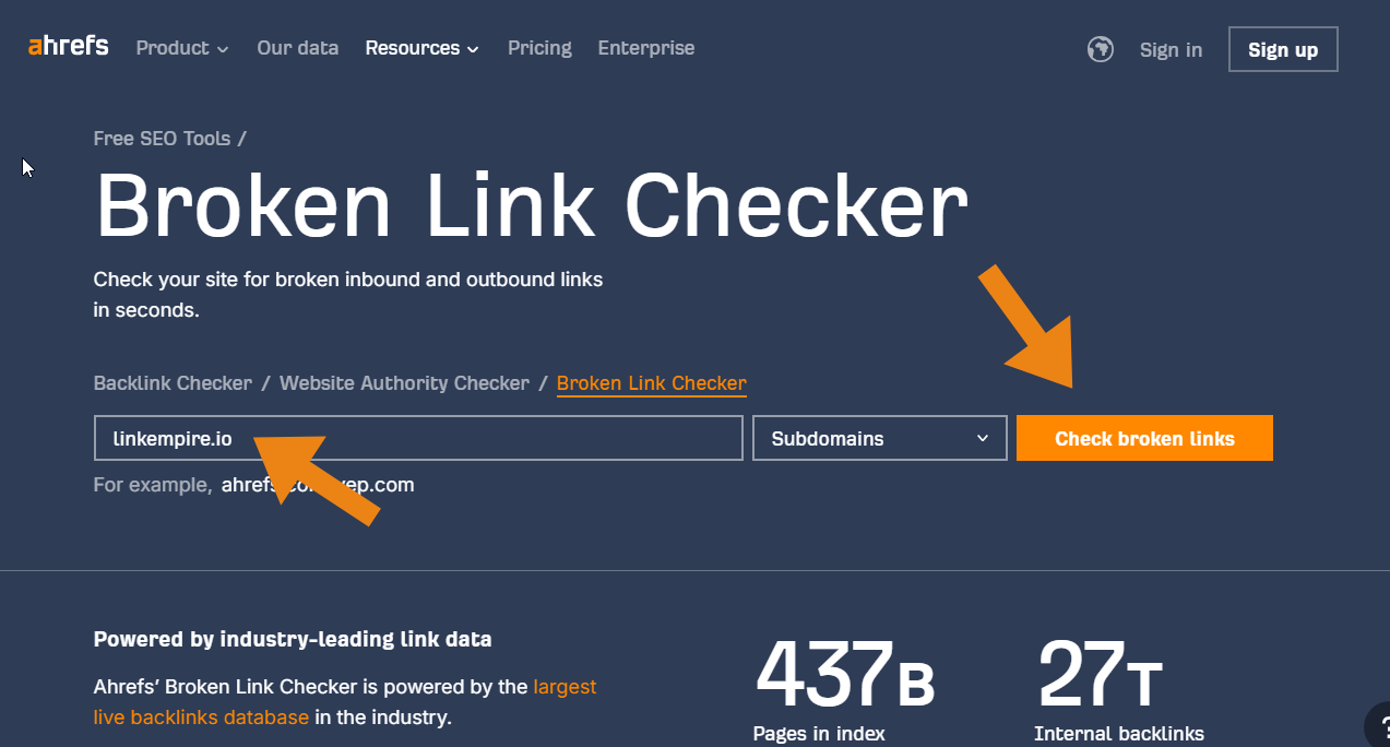 Ahrefs Broken link hunter tool